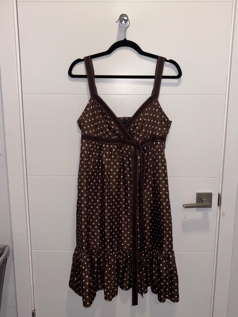 BCBGMAXAZRIA Brown Cream Polka Dot 100% Silk Midi Dress Size M